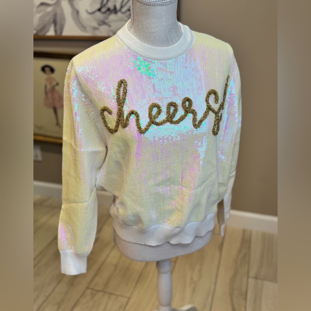 New! QUEEN OF SPARKLES Iridescent Full Sequin 'Cheers' Sweater